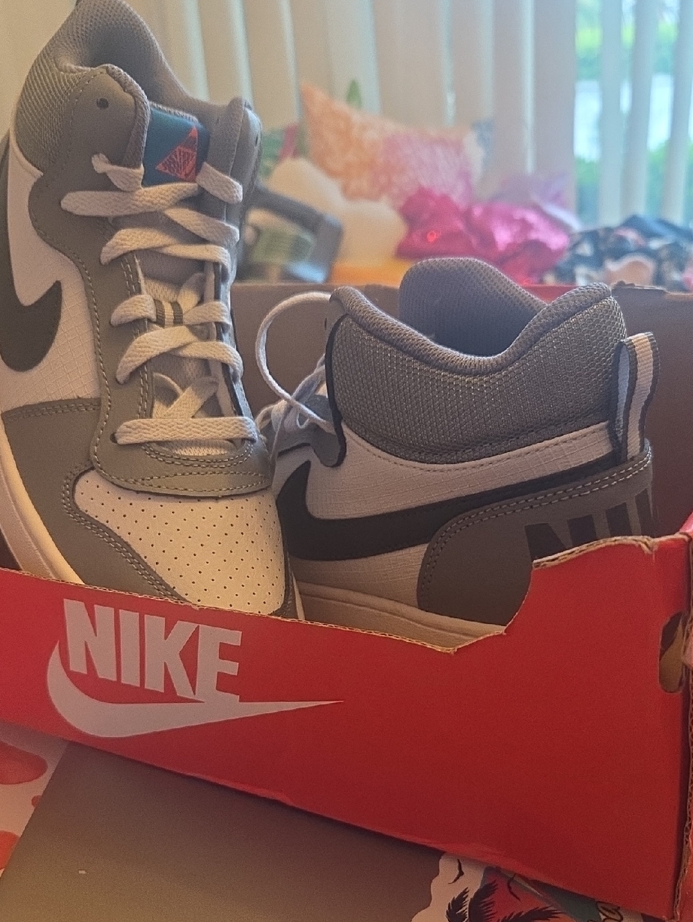 Nike Kids Gray and White High-Top Sneakers with Black Swoosh